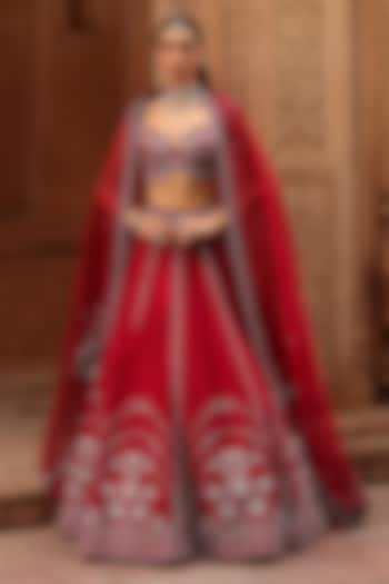 Maroon Raw Silk Zardosi Embroidered Wedding Lehenga Set by Label Moni K at Pernia's Pop Up Shop