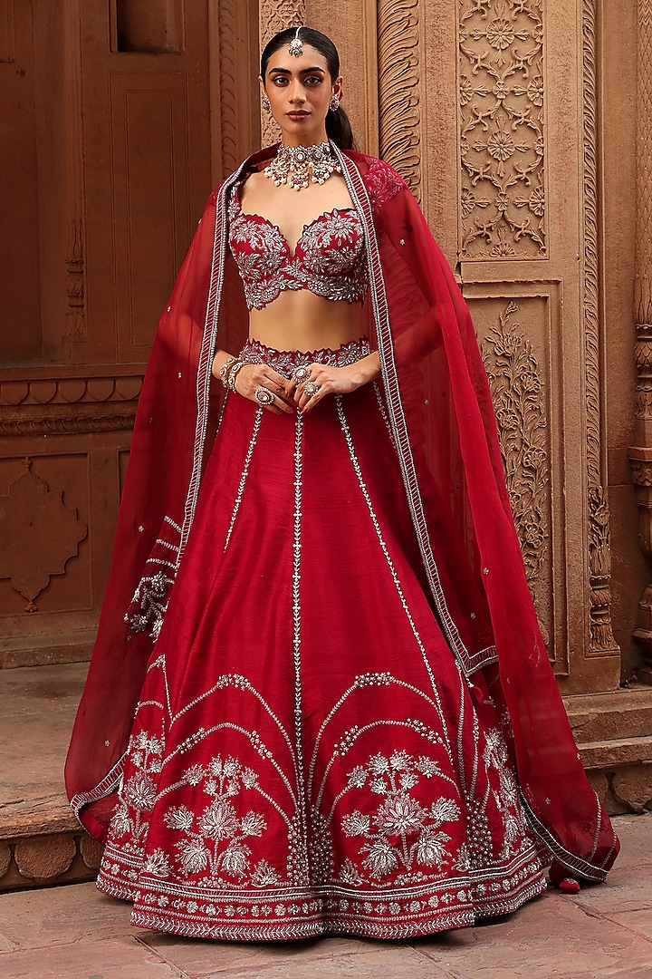 Maroon Raw Silk Zardosi Embroidered Wedding Lehenga Set by Label Moni K at Pernia's Pop Up Shop