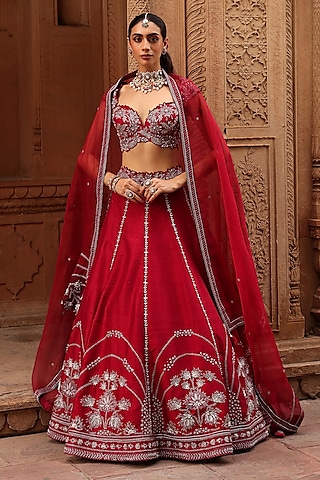 Maroon Raw Silk Zardosi Embroidered Lehenga Set by Label Moni K