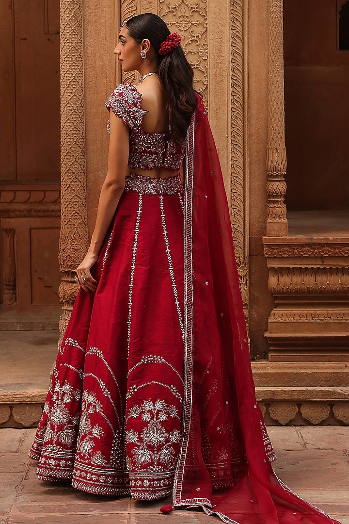 Maroon Raw Silk Zardosi Embroidered Wedding Lehenga Set by Label Moni K at Pernia's Pop Up Shop