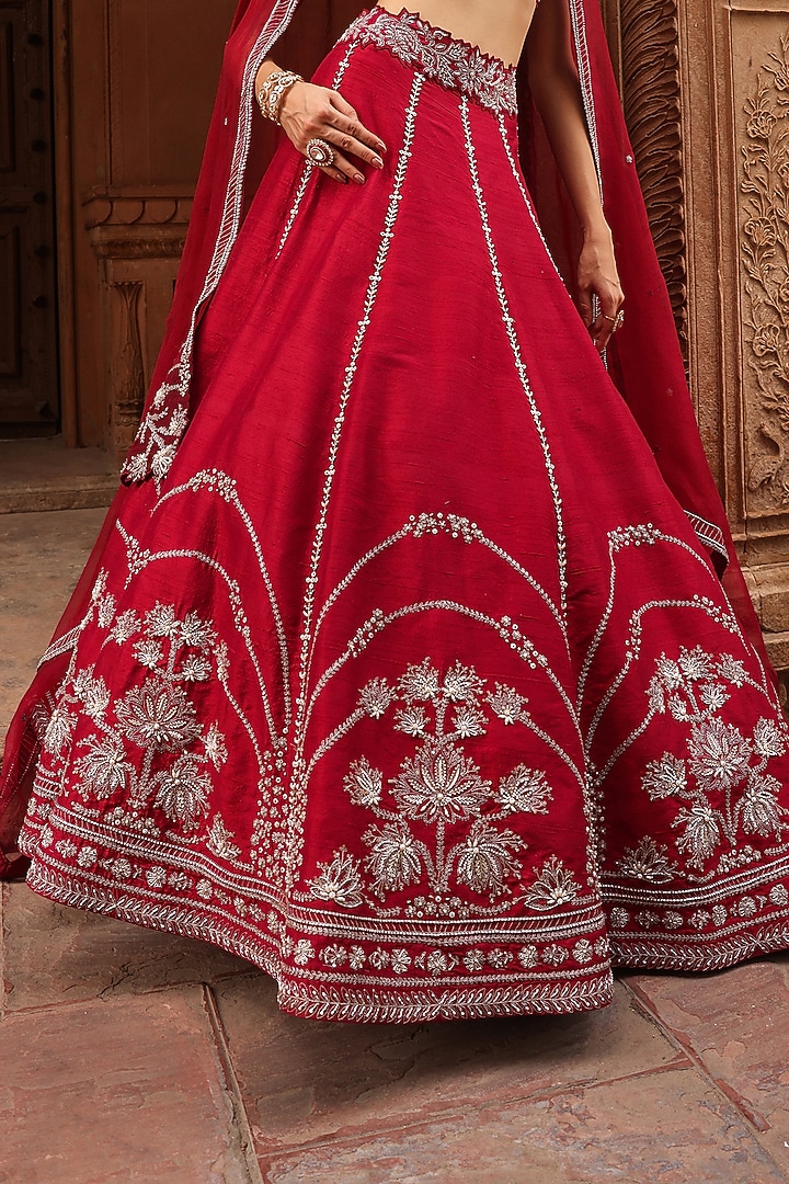Maroon Raw Silk Zardosi Embroidered Wedding Lehenga Set by Label Moni K at Pernia's Pop Up Shop