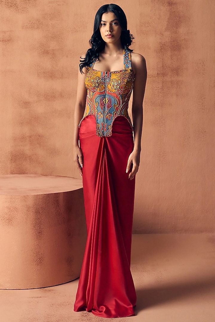 Fuchsia Red Satin Skirt Set by Label Moni K at Pernia's Pop Up Shop