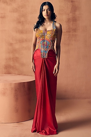 Fuchsia Red Satin Skirt Set by Label Moni K