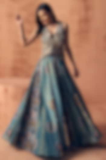 Teal Blue Tissue & Crepe Wedding Lehenga Set by Label Moni K at Pernia's Pop Up Shop