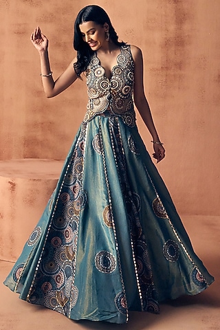 Teal Blue Tissue & Crepe Lehenga Set by Label Moni K