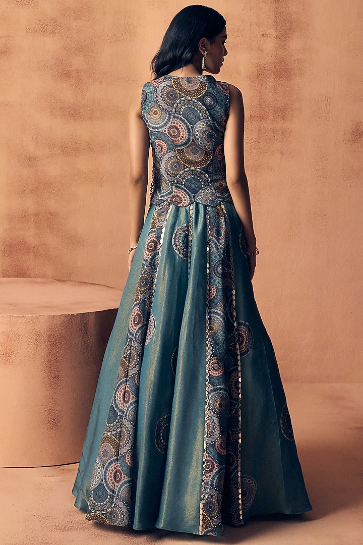 Teal Blue Tissue & Crepe Wedding Lehenga Set by Label Moni K at Pernia's Pop Up Shop