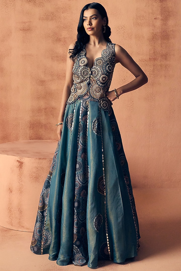 Teal Blue Tissue & Crepe Wedding Lehenga Set by Label Moni K at Pernia's Pop Up Shop