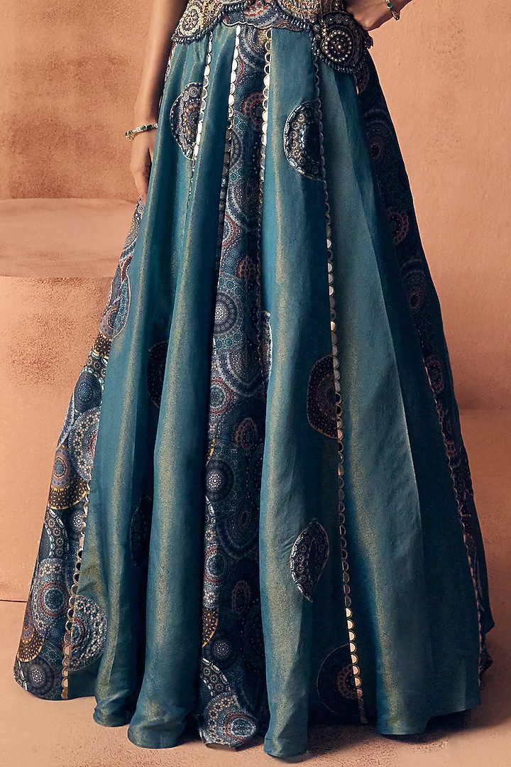 Teal Blue Tissue & Crepe Wedding Lehenga Set by Label Moni K at Pernia's Pop Up Shop
