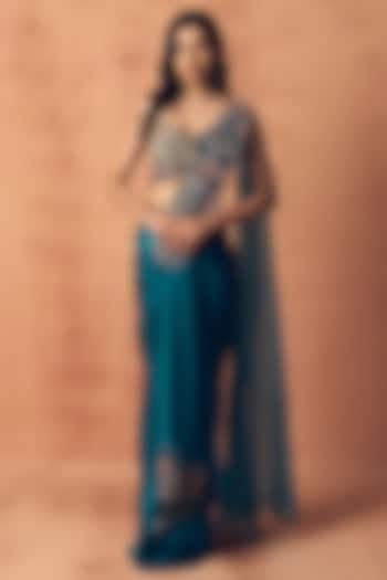 Teal Blue Satin Thread Work Skirt Party Wear Saree Set by Label Moni K at Pernia's Pop Up Shop