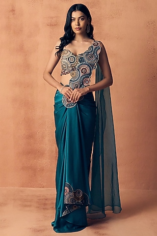 Teal Blue Satin Thread Work Skirt Saree Set by Label Moni K