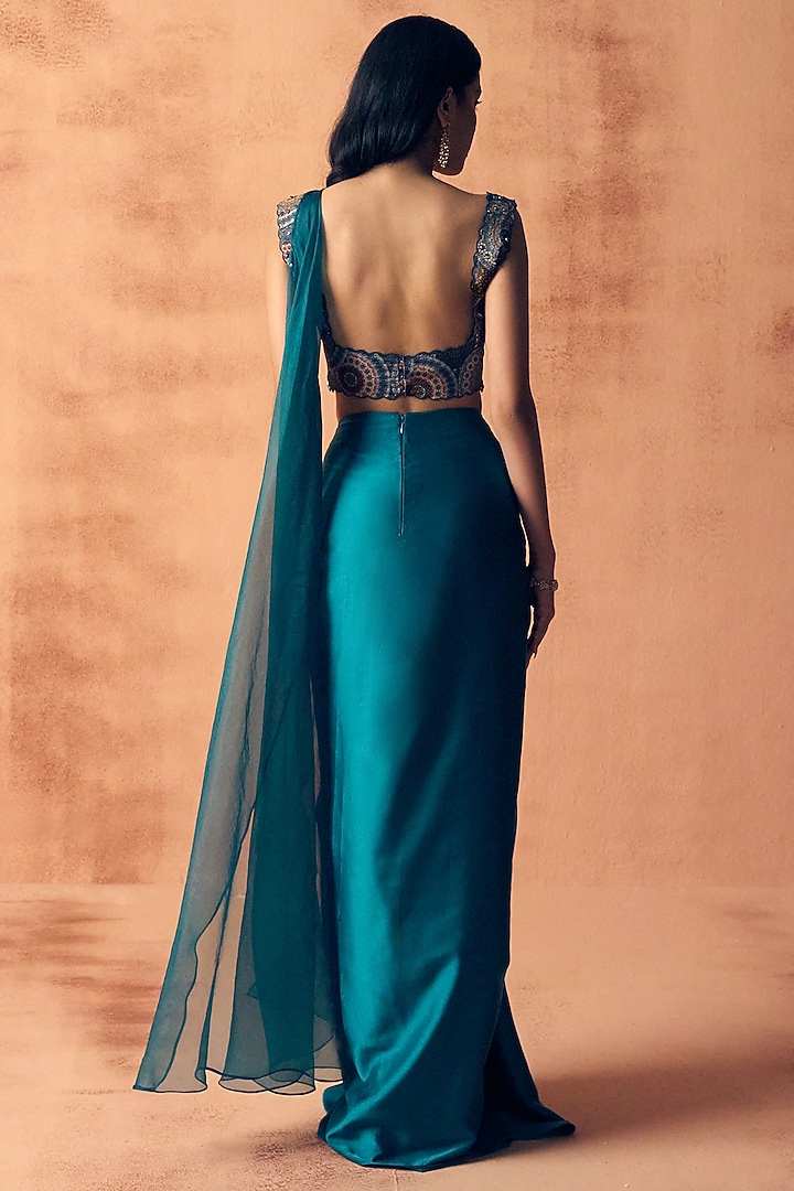 Teal Blue Satin Thread Work Skirt Party Wear Saree Set by Label Moni K at Pernia's Pop Up Shop