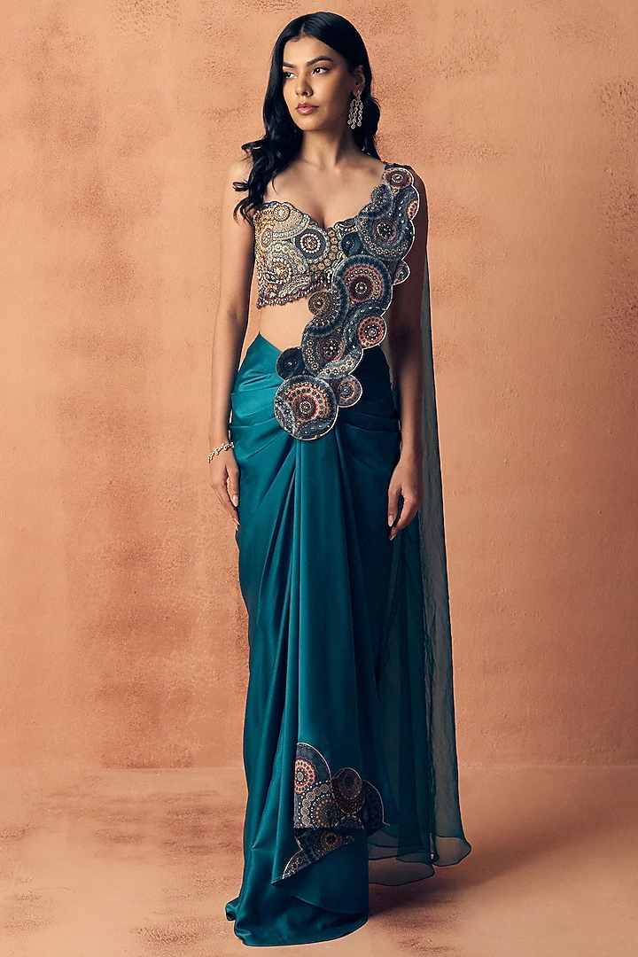 Teal Blue Satin Thread Work Skirt Party Wear Saree Set by Label Moni K at Pernia's Pop Up Shop