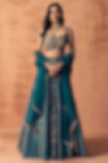 Teal Blue Tissue & Crepe Wedding Lehenga Set by Label Moni K at Pernia's Pop Up Shop