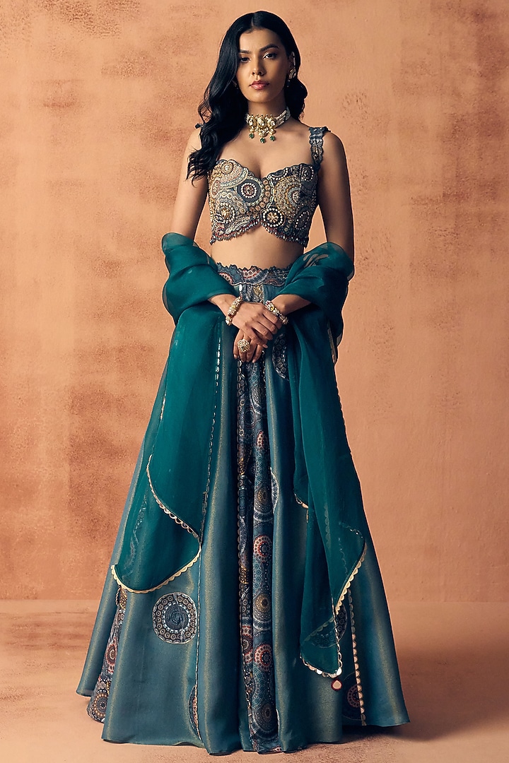 Teal Blue Tissue & Crepe Wedding Lehenga Set by Label Moni K at Pernia's Pop Up Shop