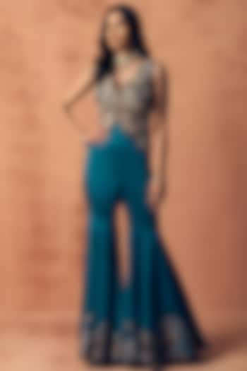Teal Blue Satin Embroidered Party Wear Sharara Set by Label Moni K at Pernia's Pop Up Shop