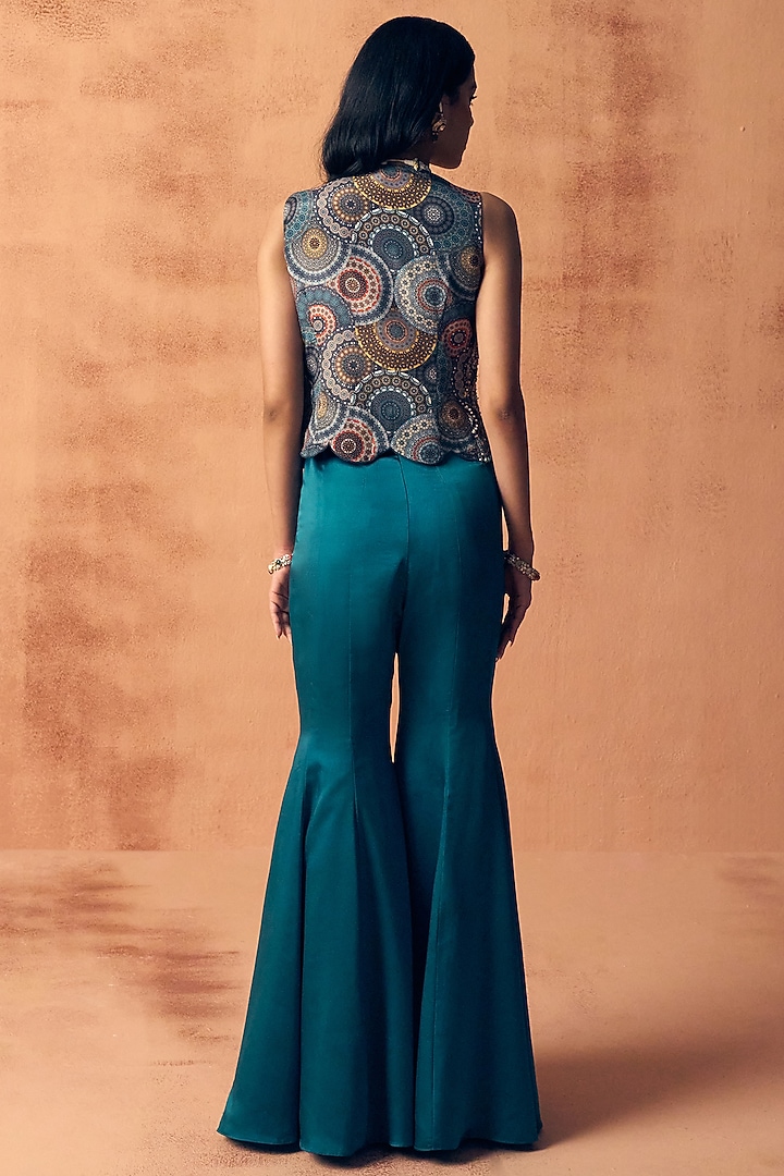 Teal Blue Satin Embroidered Party Wear Sharara Set by Label Moni K at Pernia's Pop Up Shop