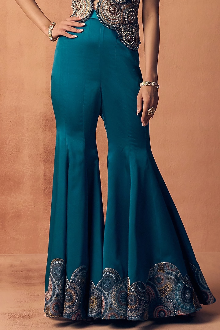 Teal Blue Satin Embroidered Party Wear Sharara Set by Label Moni K at Pernia's Pop Up Shop