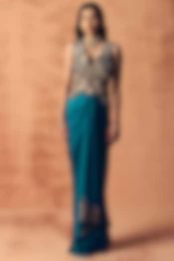 Teal Blue Satin Embroidered Draped Skirt Set by Label Moni K at Pernia's Pop Up Shop