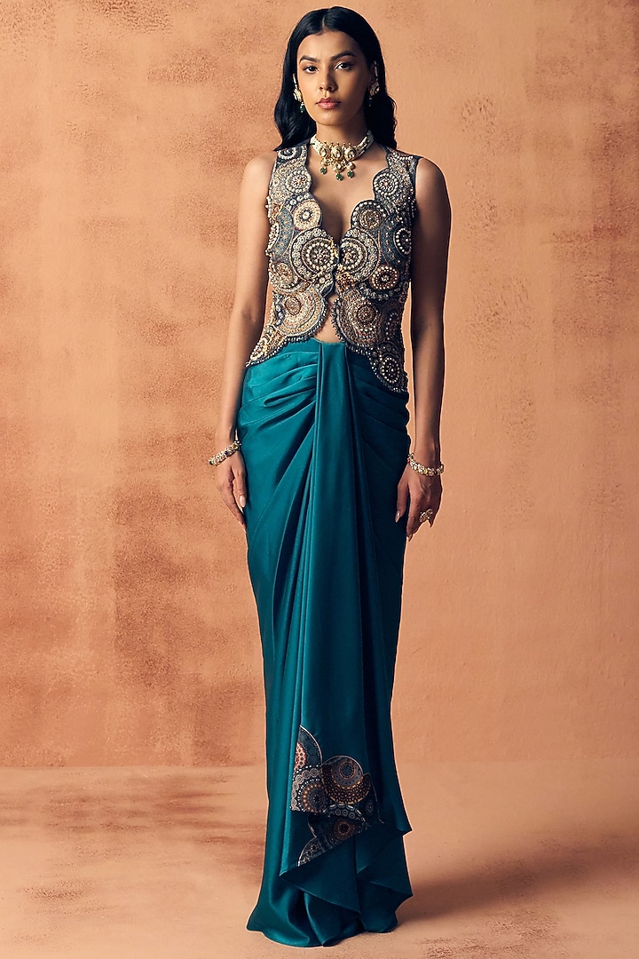 Teal Blue Satin Embroidered Draped Skirt Set by Label Moni K at Pernia's Pop Up Shop