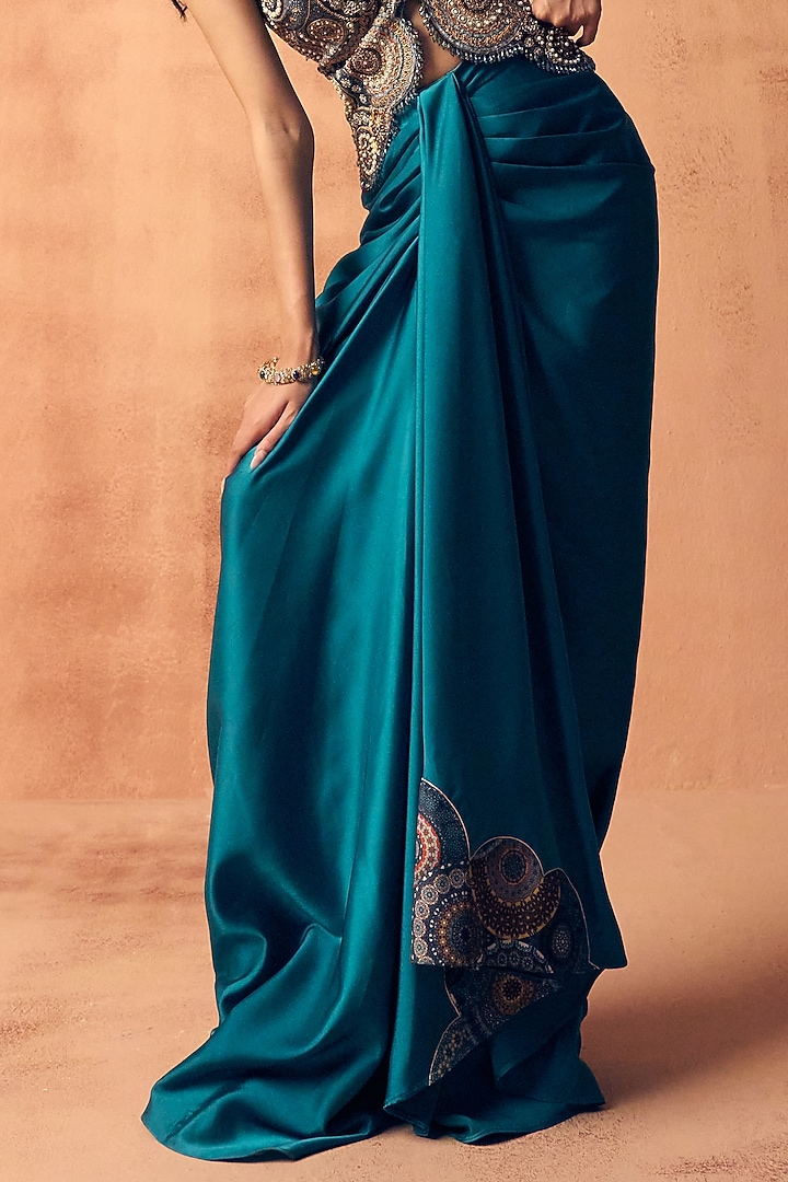 Teal Blue Satin Embroidered Draped Skirt Set by Label Moni K at Pernia's Pop Up Shop