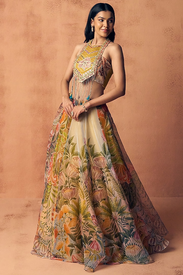 Multi-Coloured Organza Floral Printed Lehenga Set by Label Moni K at Pernia's Pop Up Shop