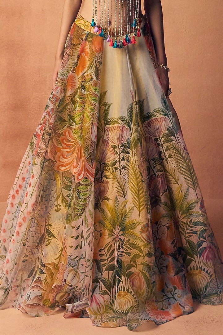 Multi-Coloured Organza Floral Printed Lehenga Set by Label Moni K at Pernia's Pop Up Shop