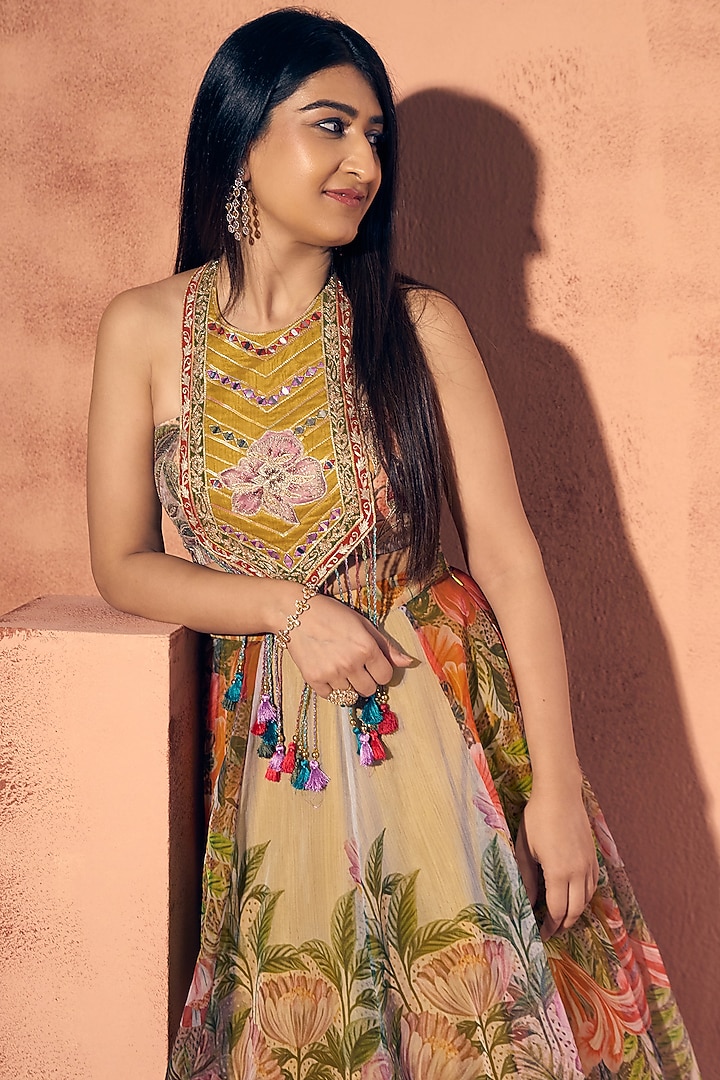 Multi-Coloured Organza Floral Printed Lehenga Set by Label Moni K at Pernia's Pop Up Shop