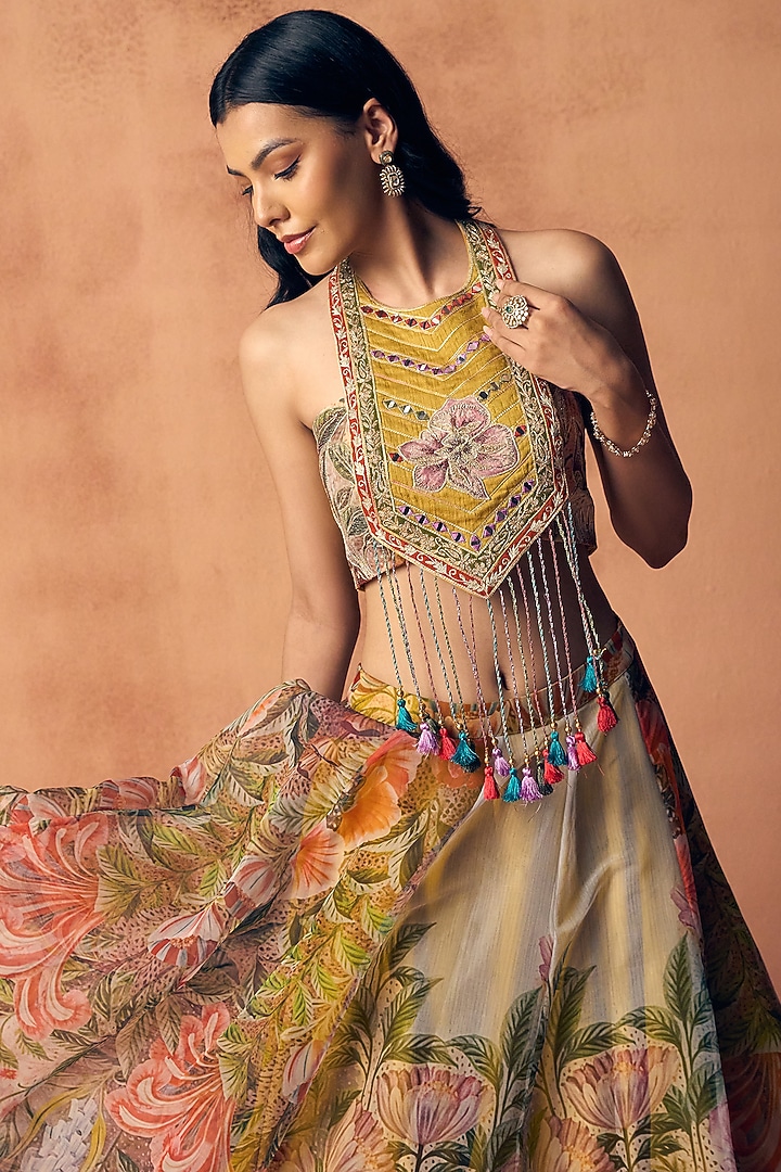 Multi-Coloured Organza Floral Printed Lehenga Set by Label Moni K at Pernia's Pop Up Shop
