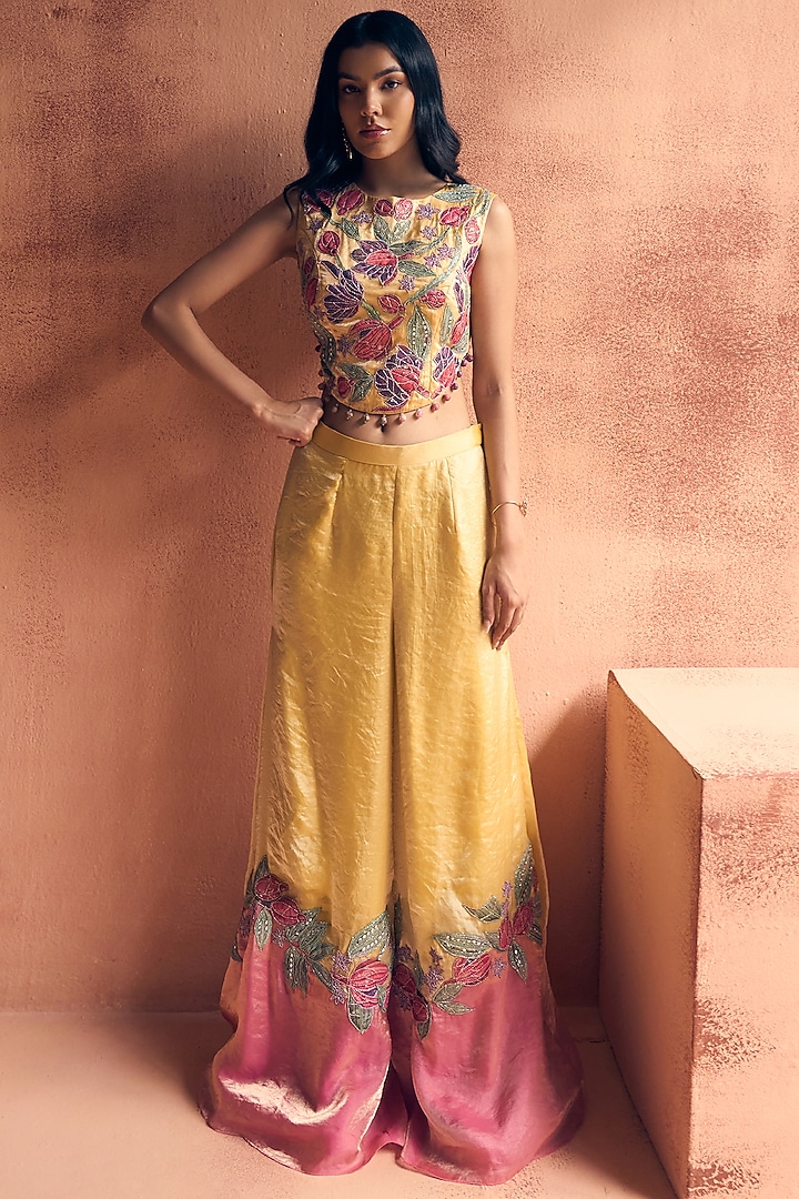 Yellow & Pink Metallic Tissue Georgette Party Wear Sharara Set by Label Moni K at Pernia's Pop Up Shop