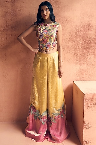 Yellow & Pink Metallic Tissue Georgette Sharara Set by Label Moni K
