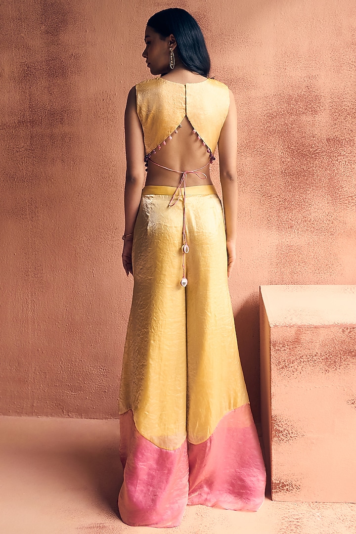 Yellow & Pink Metallic Tissue Georgette Party Wear Sharara Set by Label Moni K at Pernia's Pop Up Shop