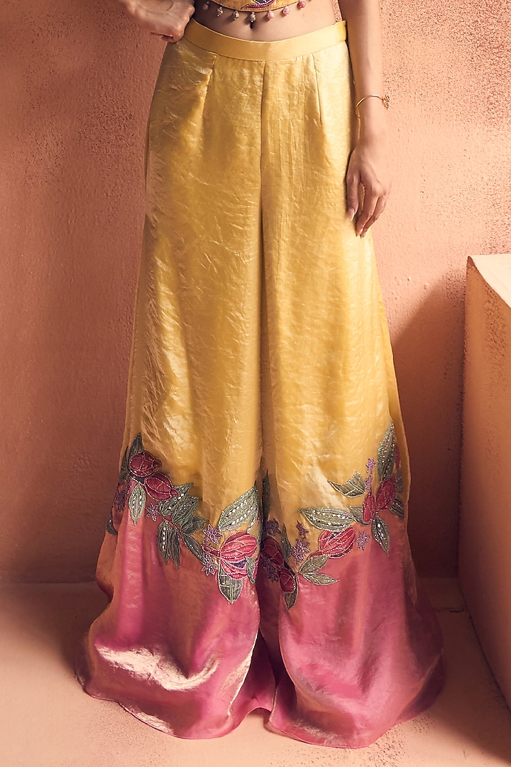 Yellow & Pink Metallic Tissue Georgette Party Wear Sharara Set by Label Moni K at Pernia's Pop Up Shop