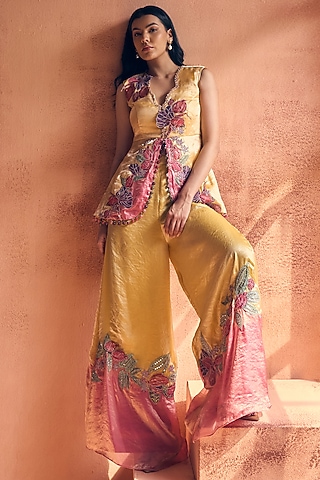 Yellow & Pink Metallic Tissue Georgette Sharara Set by Label Moni K