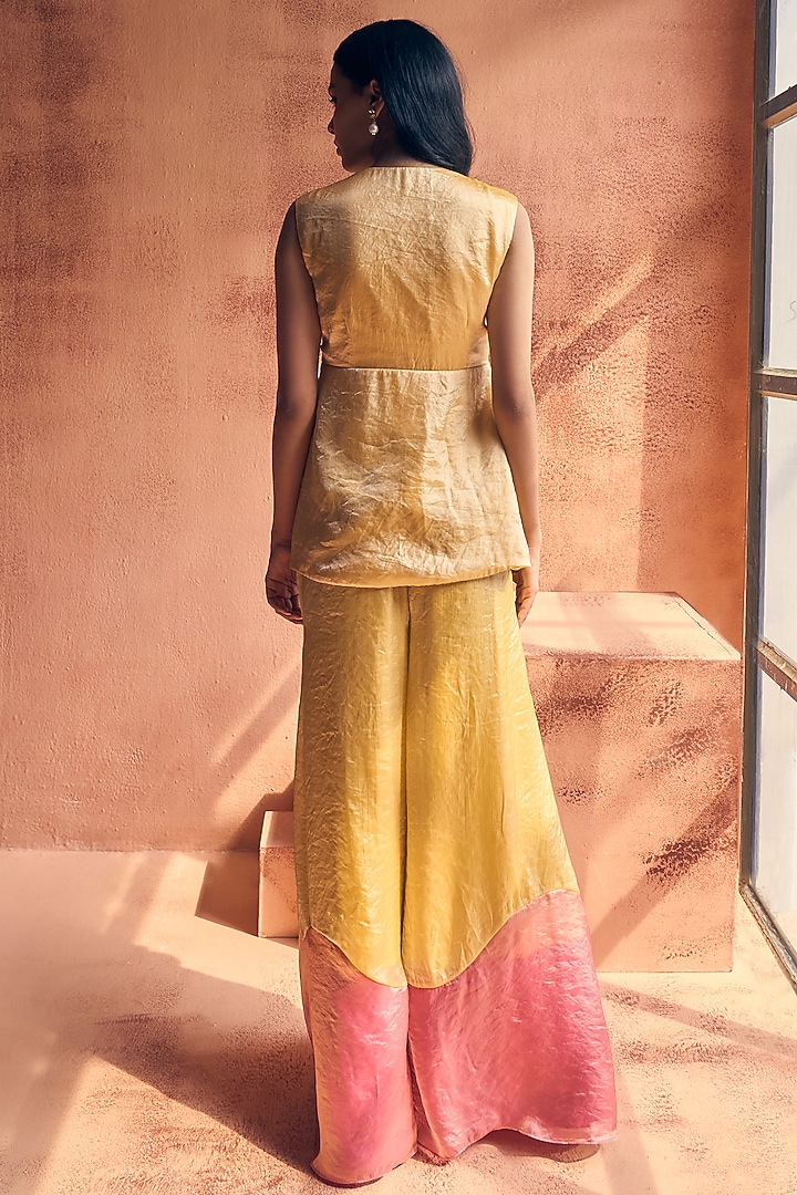 Yellow & Pink Metallic Tissue Georgette Party Wear Sharara Set by Label Moni K at Pernia's Pop Up Shop
