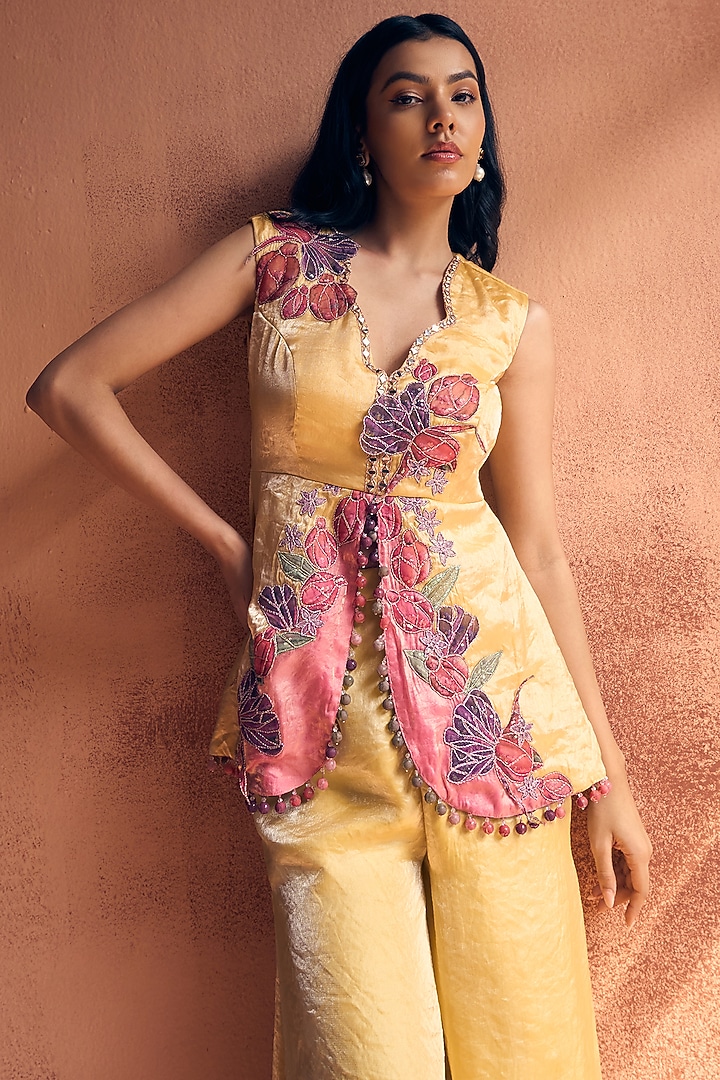 Yellow & Pink Metallic Tissue Georgette Party Wear Sharara Set by Label Moni K at Pernia's Pop Up Shop