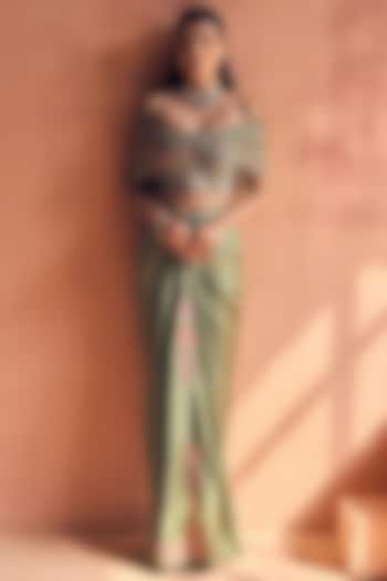 Sage Green Satin Skirt Party Wear Saree Set by Label Moni K at Pernia's Pop Up Shop