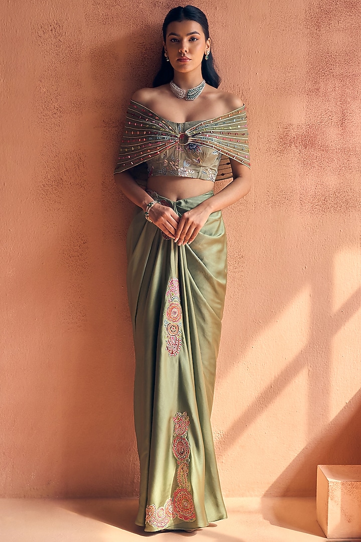 Sage Green Satin Skirt Party Wear Saree Set by Label Moni K at Pernia's Pop Up Shop