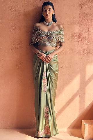 Sage Green Satin Skirt Saree Set by Label Moni K