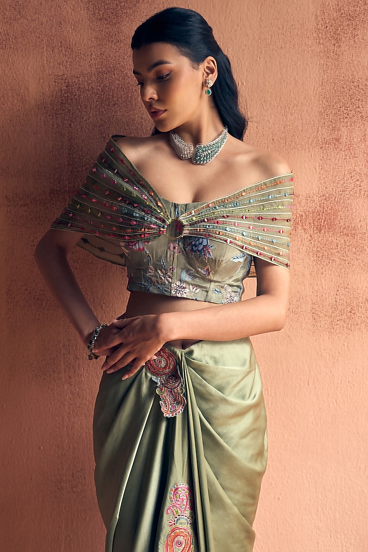 Sage Green Satin Skirt Party Wear Saree Set by Label Moni K at Pernia's Pop Up Shop