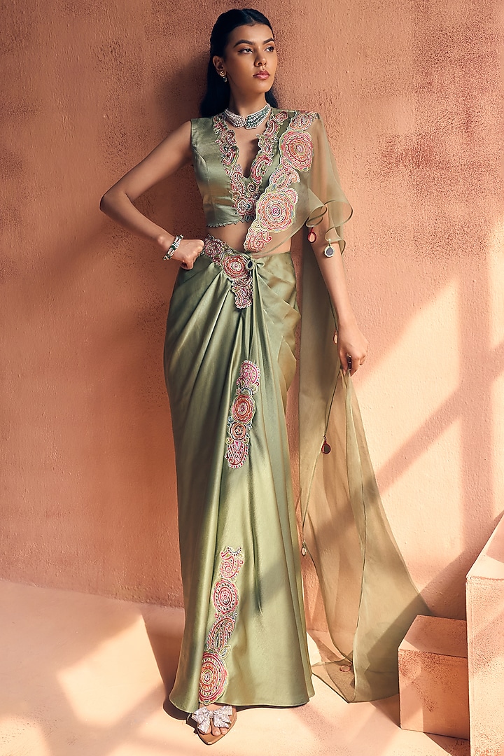 Sage Green Satin & Organza Draped Party Wear Saree Set by Label Moni K at Pernia's Pop Up Shop