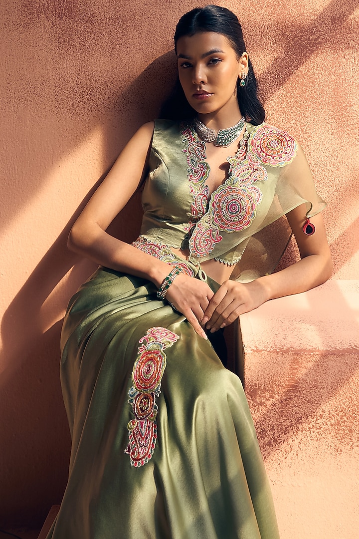 Sage Green Satin & Organza Draped Party Wear Saree Set by Label Moni K at Pernia's Pop Up Shop
