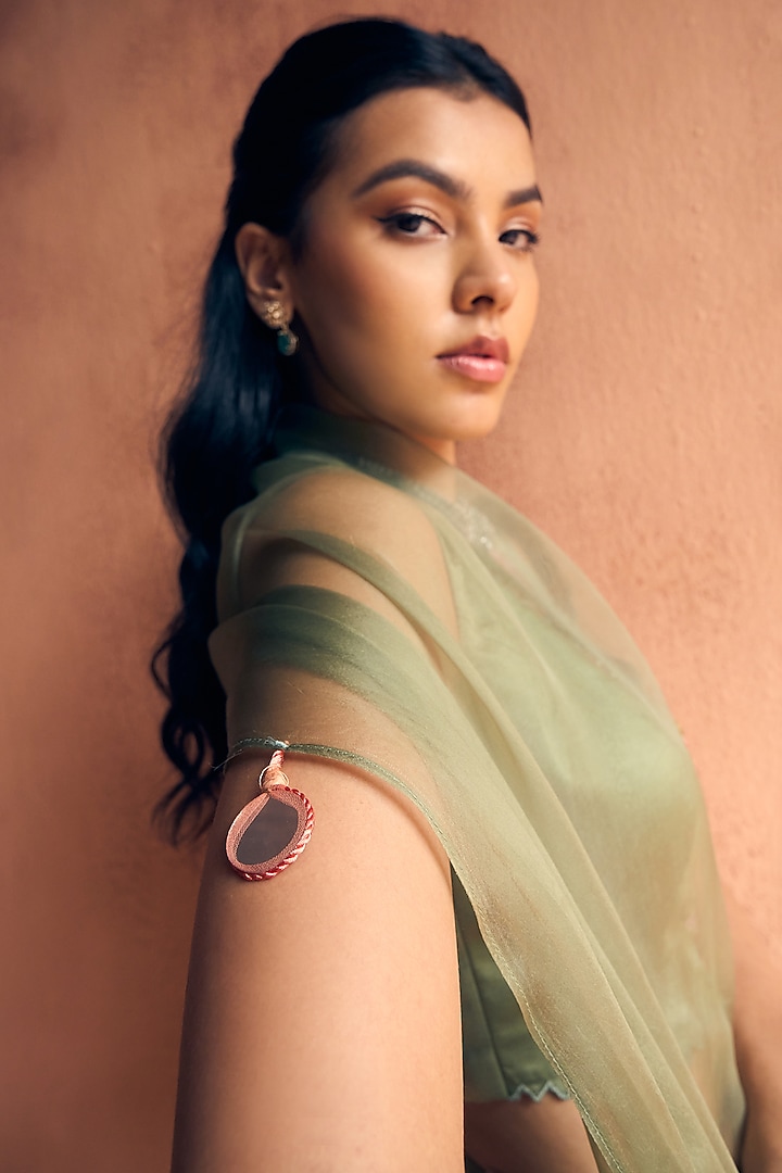 Sage Green Satin & Organza Draped Party Wear Saree Set by Label Moni K at Pernia's Pop Up Shop