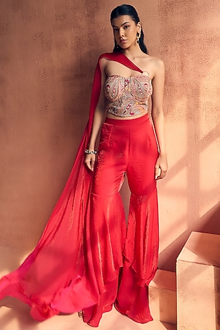 Hot Pink Metallic Tissue Georgette & Organza Sharara Set by Label Moni K