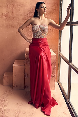 Fuchsia Pink Satin & Organza Draped Skirt Set by Label Moni K