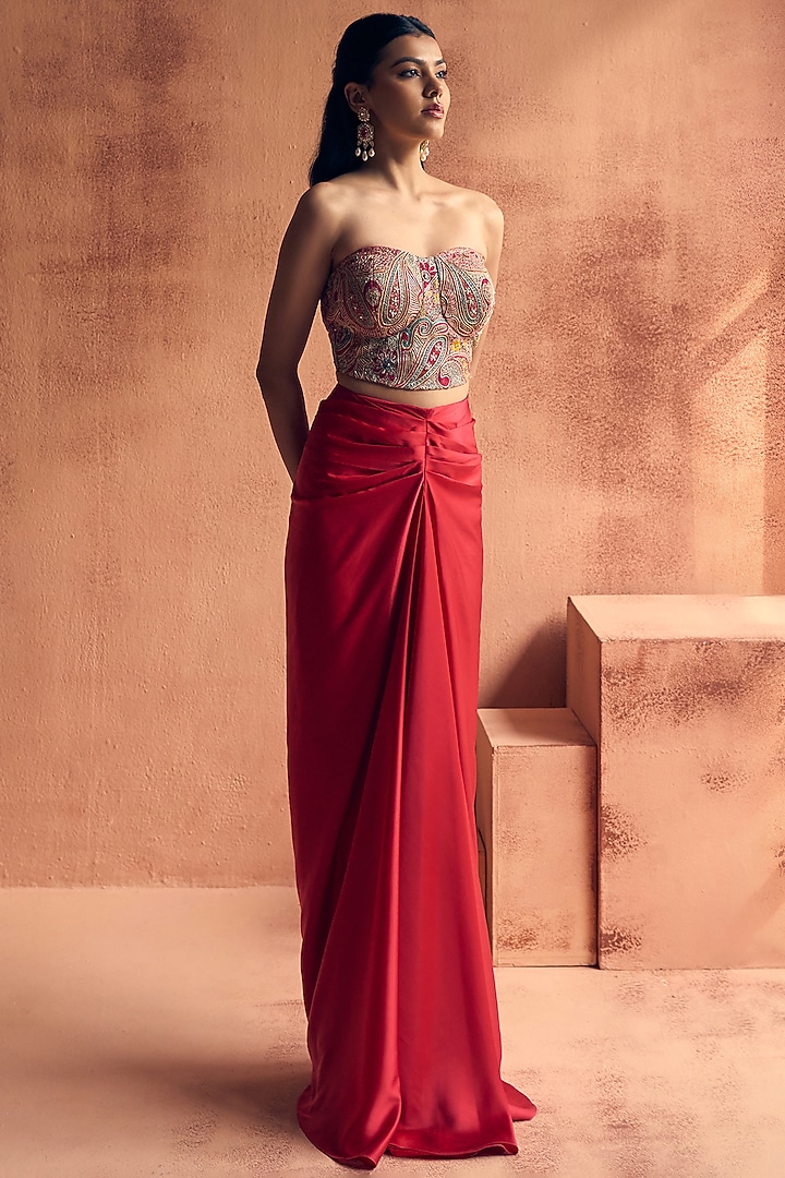 Fuchsia Pink Satin & Organza Draped Skirt Set by Label Moni K at Pernia's Pop Up Shop