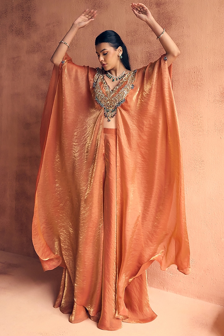 Rust Orange Metallic Tissue Georgette Embroidered Kaftan Set by Label Moni K at Pernia's Pop Up Shop