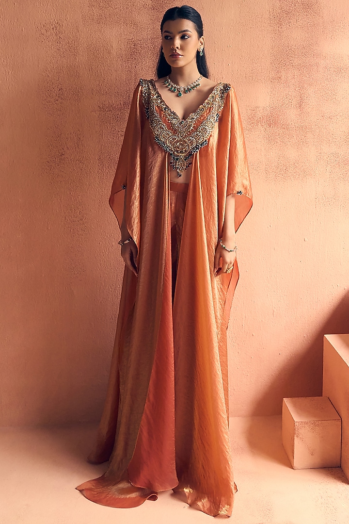 Rust Orange Metallic Tissue Georgette Embroidered Kaftan Set by Label Moni K at Pernia's Pop Up Shop