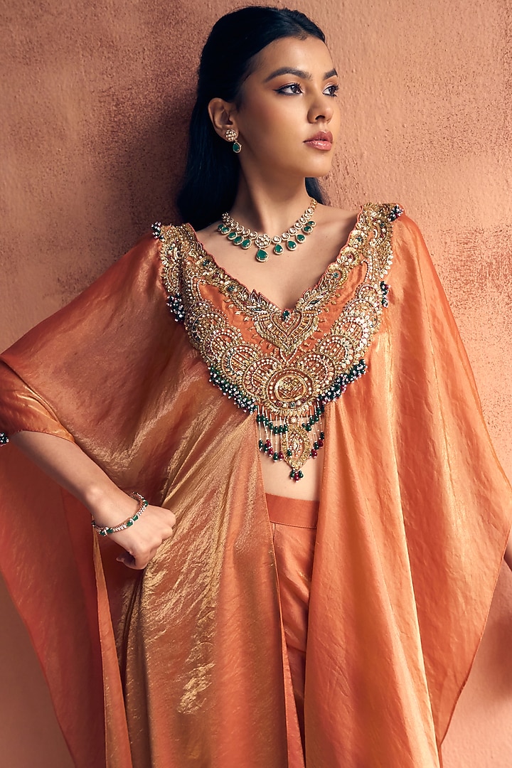 Rust Orange Metallic Tissue Georgette Embroidered Kaftan Set by Label Moni K at Pernia's Pop Up Shop