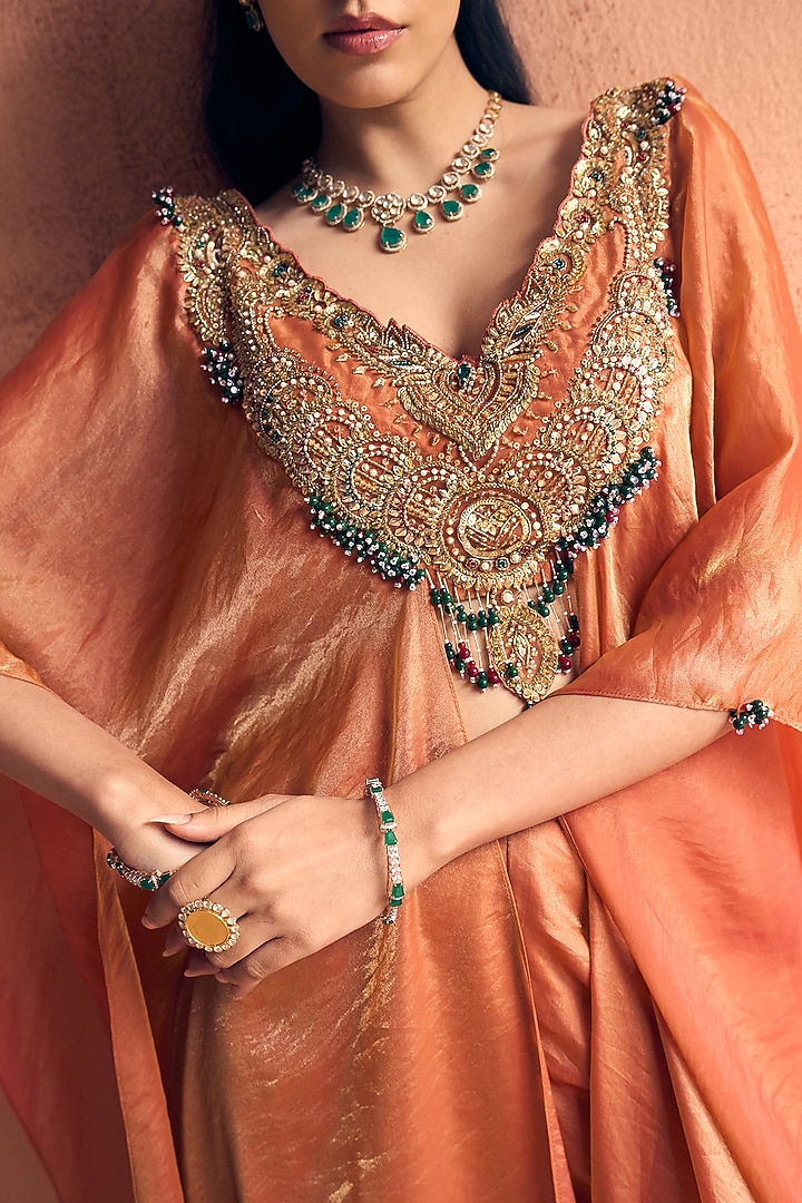 Rust Orange Metallic Tissue Georgette Embroidered Kaftan Set by Label Moni K at Pernia's Pop Up Shop