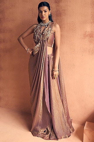 Brown Metallic Tissue Georgette Sharara Saree Set by Label Moni K